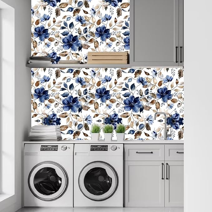 Blue Floral Peel and Stick Wallpaper Modern Contact Paper Waterproof Botanical Flower Removable Self Adhesive Wallpaper for Bathroom Bedroom Living Room Cabinets 17.7"x70.7"
