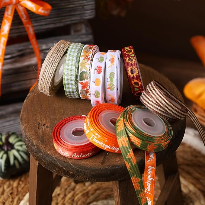 LaRibbons Fall Ribbons for Crafts 3/8 Inch x 5 Yards/Roll 50Yards TTL,Orange Green Yellow Plaid Ribbon for Autumn Wreath Thanksgiving Christmas Farm Gift Wrapping Home Decor