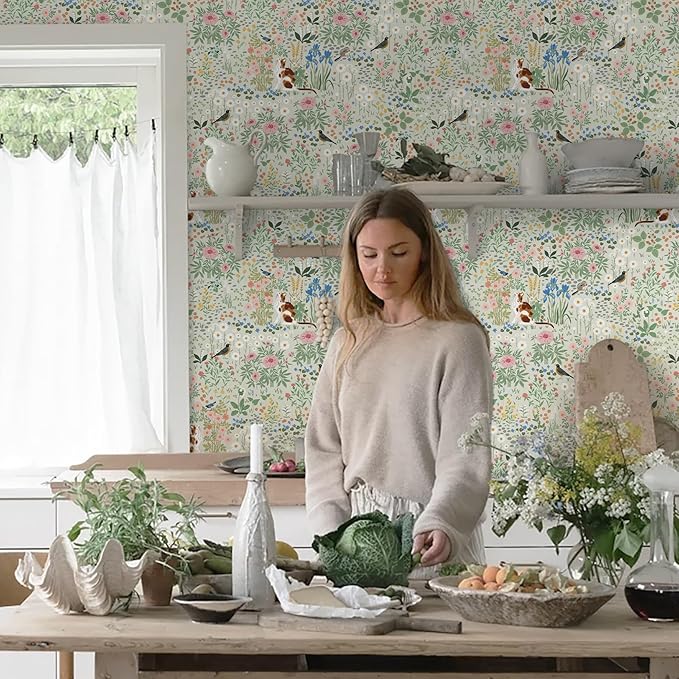 Heroad Floral Peel and Stick Wallpaper Light Green Wallpaper Boho French Country Contact Paper Cat Birds Removable Self-Adhesive Wall Paper for Bedroom Kitchen Cabinets Decoration Vinyl 17.3”x393”