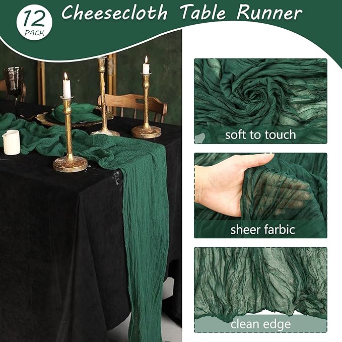 12 Pack Boho Gauze Table Runner 35x72 Inch - Rustic Cheese Cloth Long Table Runner for Wedding, Bridal Shower & Birthday Party Decor (Dark Green)
