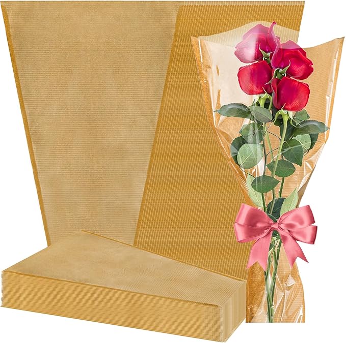 yarlung 100 Pack Flower Wrapping Bags, Kraft Bouquet Wrapping Paper Clear Flower Packing Bags Sleeves Gift for Thanksgiving, Christmas, Birthday Wedding Graduation