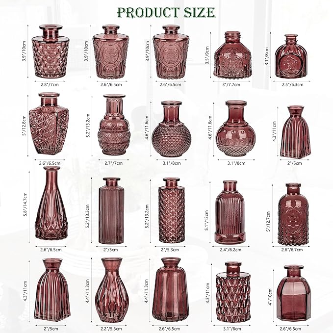 Glass Bud Vases Set of 20, Small Flower Vase in Bulk for Centerpieces, Mini Vintage Wine Red Vases for Rustic Wedding Vintage Home Table Decor