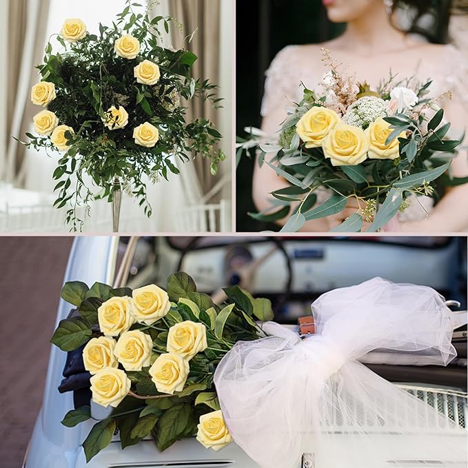 Artificial Flowers Creamy Yellow Roses 50Pcs Real Looking Foam Fake Roses with Leaves for DIY Wedding Bouquets Bridal Shower Party Decorations (Creamy Yellow, 50)