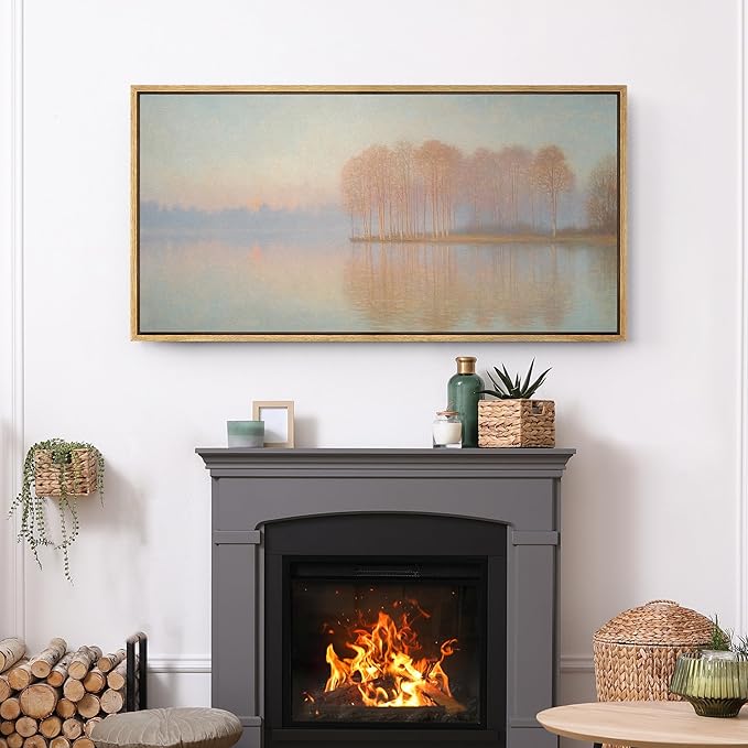 SIGNFORD Extra Large Framed Canvas Print Wall Art Sunrise Over Autumn Trees and Lake Soft Pastel Nature Illustrations Modern Art Relax/Calm Warm for Living Room, Bedroom, Office - 60"x30"