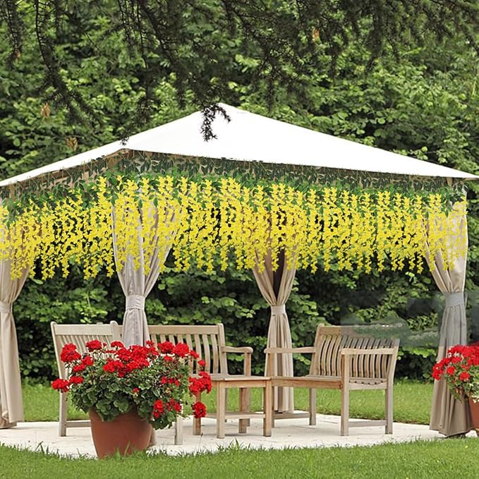Artificial Wisteria Hanging Flowers Fake Wisteria Flower Garland Silk Vines Rattan Decor for Home Wedding Arch Wall Garden Greenery Bedroom Outdoor Office Party Decoration(24, Yellow)