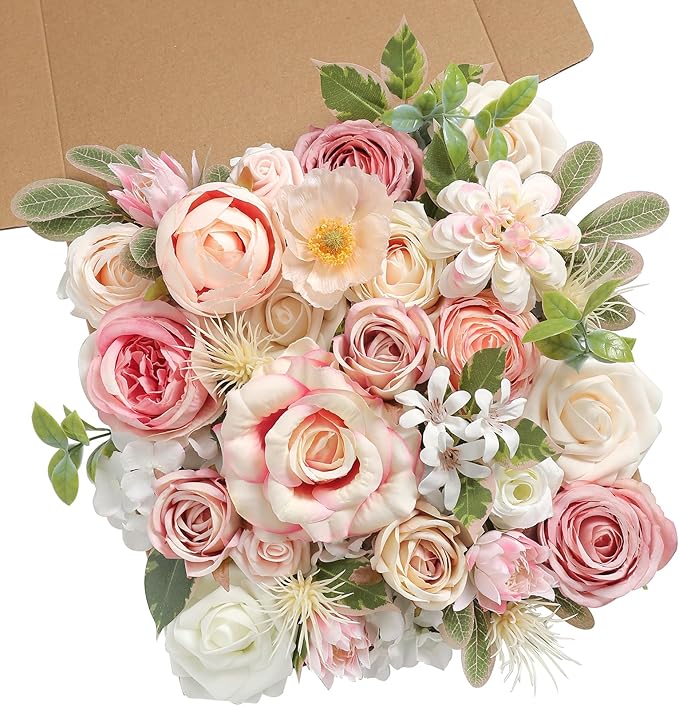 Pink Artificial Flowers Combo Set Fake Flower Leaf Box with Stemst for DIY Wedding Bridal Bouquet, Centerpieces, Home Decor, Floral Arrangement Decor