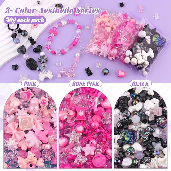 Assorted Acrylic Beads, 130-180PCS 3 Mixed Series Cute Beads for Bracelet Making, GummyBear Bow Flower Kawaii Charms for Jewelry Making DIY Necklace Keychain Phone Charm Christmas Gift