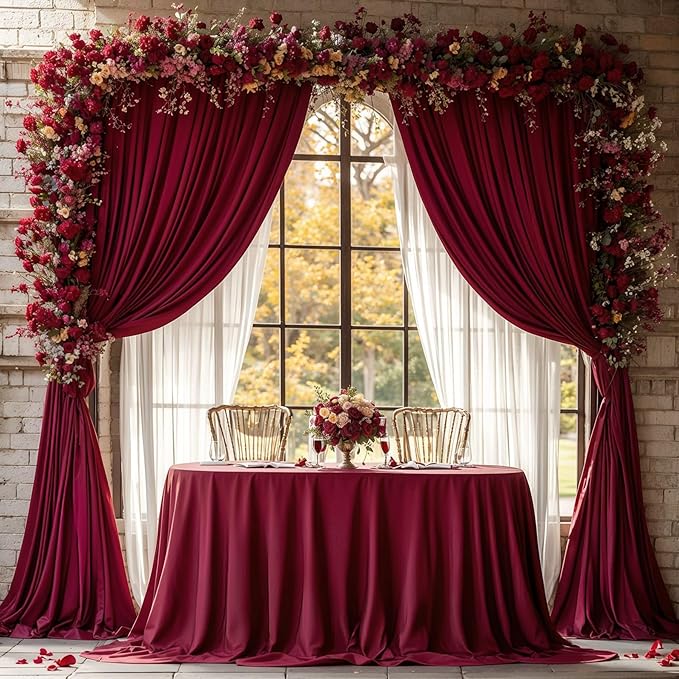 Burgundy Backdrop Curtain 2 Panels-Wrinkle-Free Champagne Curtains Polyester Photography Drapes for Baby Shower Birthday Party Photo Background Backdrop Stand- 8 X10FT (Burgundy)