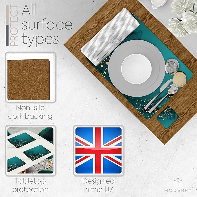 Set of 4 Heat Resistant Cork Placemats for Dining Table with Free Set of 4 Matching Drink Coasters Deep Green and Gold Design 16 x 12 Inches Cork Backed Hard Placemats (Green Serenity)