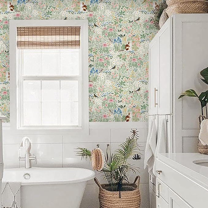 Heroad Floral Peel and Stick Wallpaper Light Green Wallpaper Boho French Country Contact Paper Cat Birds Removable Self-Adhesive Wall Paper for Bedroom Kitchen Cabinets Decoration Vinyl 17.3”x393”