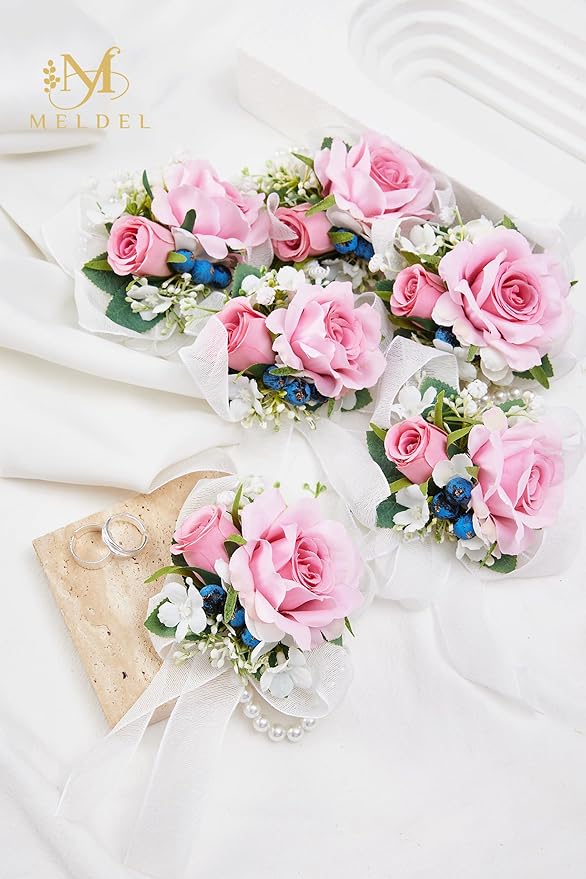 Meldel Pink Wrist Corsage for Wedding Bride Bridesmaids Bridal Shower, Set of 6, Corsages for Prom Suit Accessories, Mother of Bride and Groom, Wrist flower for Party Suit Decoration Ceremony