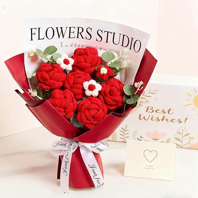 Red Crochet Flowers Bouquet Red Knitted Flower Rose Crochet Bouquet Handmade for Wedding, Anniversary, Christmas, Graduation Crochet Gifts for Women (Includes Card)