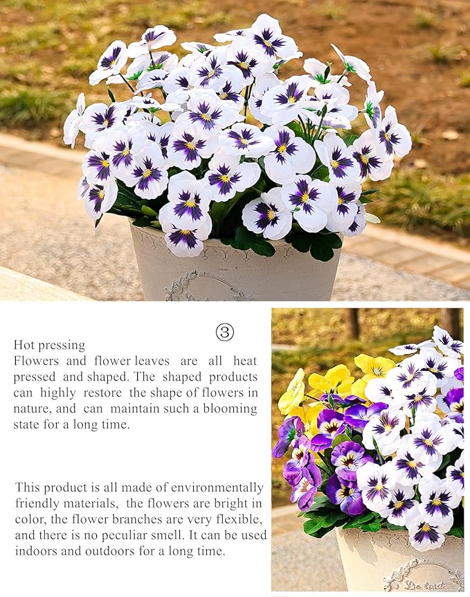 QIANYUN Fake Flowers Pansy Small Wild Flower Daisy Faux Plastic Purple Flowers for Home Wedding Kitchen Garden Table Centerpieces Indoor Outdoor Decor (8PCS,White)