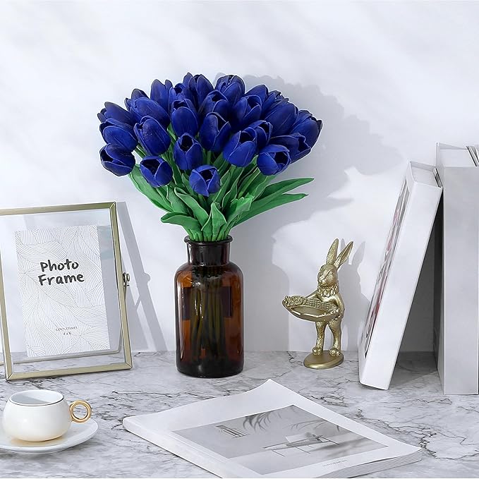 SITUMEIZI 15pcs Tulips Fake Blue Artificial Flowers Real Touch 14" Silk Flower for Home Decor Spring Easter Wedding Bouquet Decorations Floral Arrangements(Deep Blue)