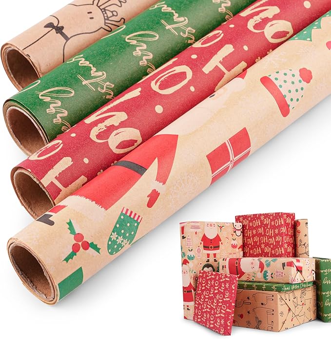 Happypapa Christmas Wrapping Paper, Kraft Xmas Wrapping Paper Rolls - Santa Claus, Gift, Reindeer and Merry Christmas Pattern - 4 Rolls - 17 Inch × 120 Inch Per Roll