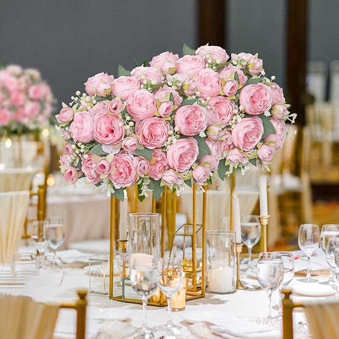 SOMYTING Peonies Artificial Flowers, Silk Flowers Faux Peonies Bouquet Fake Flowers Silk Floral Arrangements Dining Table Centerpieces for Home Wedding Party Decoration (Light Pink, 4PCS)