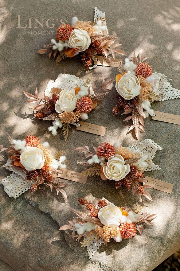 Ling's moment 6pcs Wedding Wrist Corsage Artificial Flowers, Girl/Mother Homecoming Prom Corsages Wristlet Décor, etc. Boho Dried Rustic