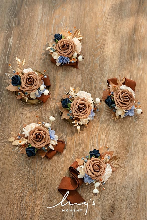 Ling's moment 6pcs Wedding Wrist Corsage Artificial Flowers, Girl/Mother Homecoming Prom Corsages Wristlet Décor, etc. Orange Navy