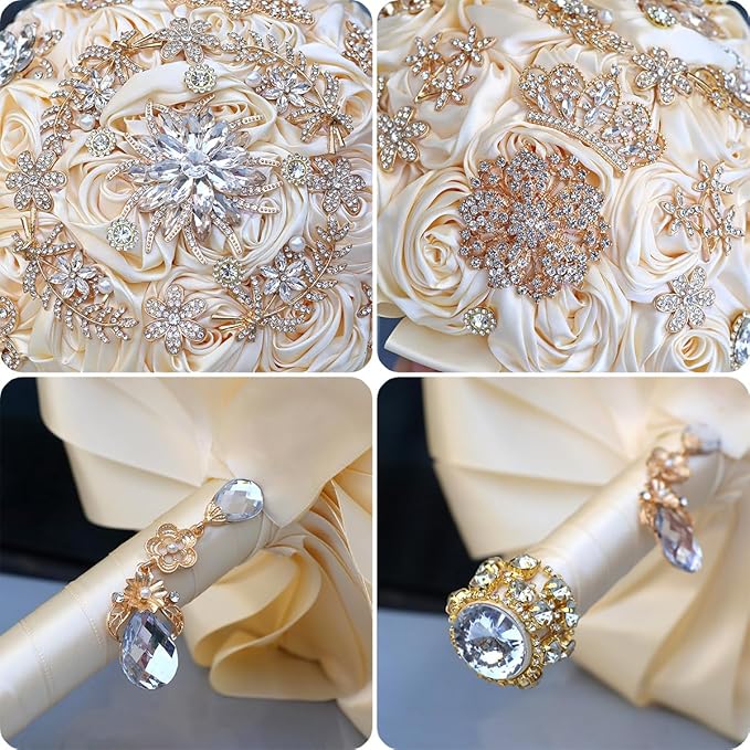 Handmade Satin Rose Floral Bling Pearl Decor Bridal Wedding Bouquet Rhinestone Pendant Artificial Brooch Flowers for Bride Bridesmaid Quinceanera