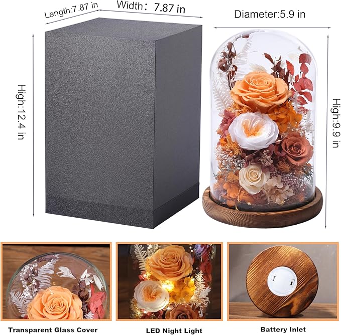 Flowers for Delivery Prime Preserved Flowers Rose in Glass Dome,Orange Rose Forever Flowers Birthday Gifts for Women Mom Grandma Friend Thanksgiving Gifts for Her,Home Decor