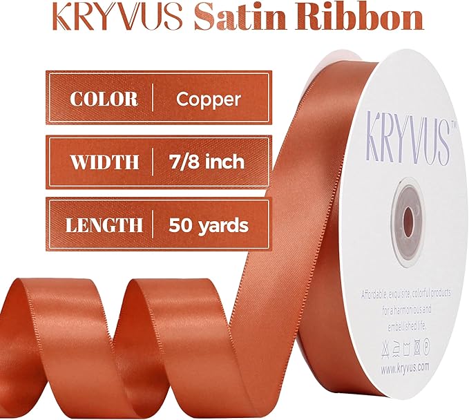 Copper Satin Ribbon, Double Faced 7/8 Inch X 50 Yards Copper Ribbon, Premium Satin Ribbon for Gift Wrapping, Crafts, Hair Bow Making, Sewing, Flower Bouquet, Wedding Party Decor