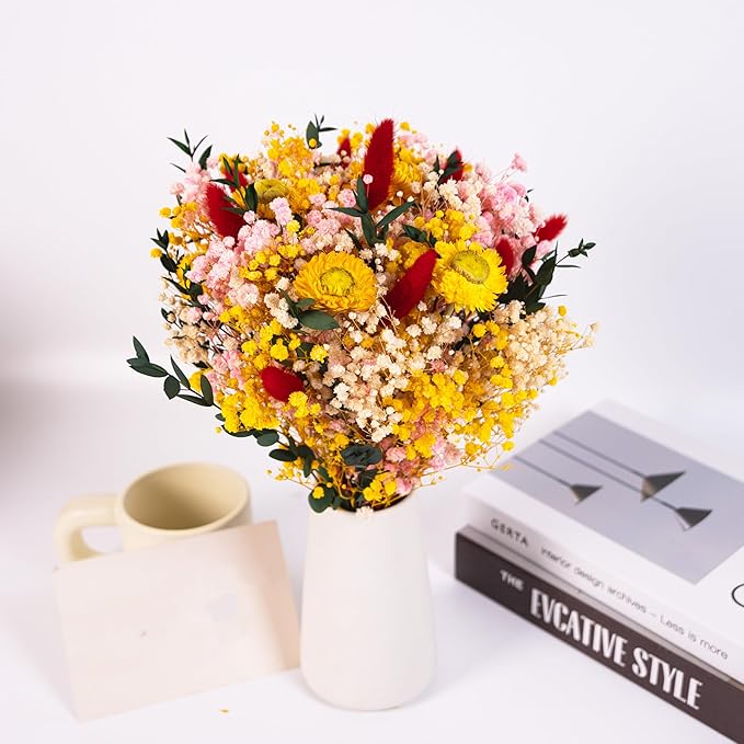 Vibrant Handmade Dried Flower Bouquet with Yellow, Pink, and Red Accents – Perfect for Home Décor, Weddings, and Gift Giving