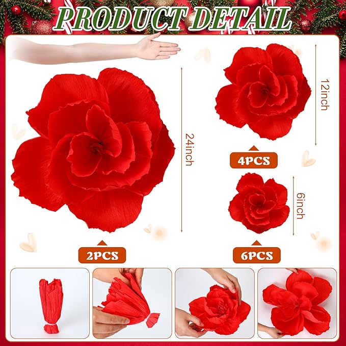 Giant Paper Flowers Artificial Large Paper Flower Decoration for Handcrafted Wall Backdrop Christmas Mexican Wedding Graduation Bridal Shower Birthday Party Supplies(Red,12 Pcs)