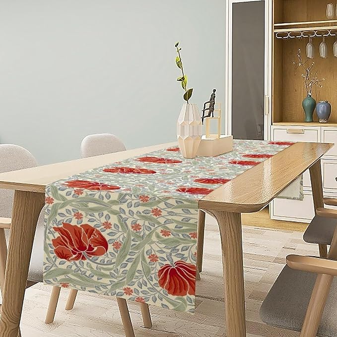 William Morris Table Runner, Retro Red Flowers Green Botanical Country Farmhouse Tabletop Decoration for Kitchen Dining Home Party 13x70 Inch