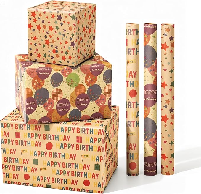 SHUCHING Birthday Gift Kraft Wrapping Paper Roll, Balloons Stars Pattern for Kids Girl Boy, Perfect for Birthday Party, Baby Shower, 3 Rolls, 17 Inch X 9.8 Feet per Roll