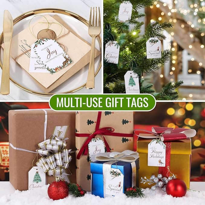 AuroTrends Christmas Gift Tags with String 48Pcs, Name Tags for Christmas Presents -Quality Christmas Tags with Holes& Pre-Cut Strings (8 Styles, 48 Pcs)