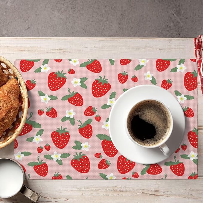 Fruit Linen Placemats Set of 6 Pink Strawberry Placemats for Indoor Outdoor Party Home Desktop Kitchen Dining Room Decor 12x18 Inch