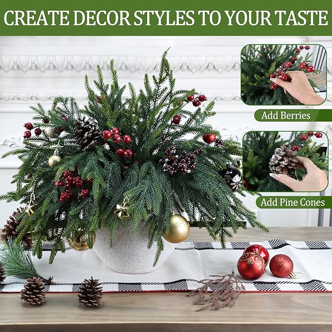 12 Pcs Pine Branches - Real Touch Artificial Pine Stems - Christmas Greenery Picks for DIY Wreaths Garlands Vase Arrangements, Indoor Outdoor Christmas Decor