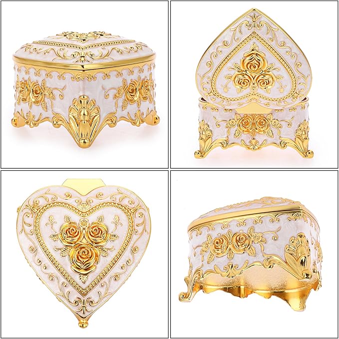 Hipiwe Vintage Metal Jewelry Box - Heart Shape Trinket Organizer Ring Box Case with Rose Pattern Jewelry Storage Box for Ring Earrings Necklace, Gift for Women