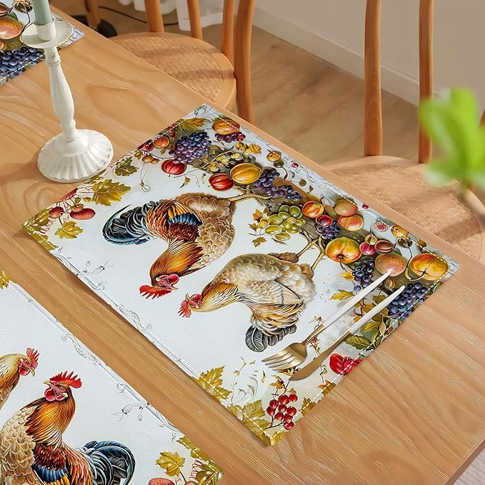 Rooster Placemats Set of 4 Farmhouse Fruits Chicken Placemats Farm Cock Chicken Country Hen Washable Place Mats for Party Kitchen Dining Decoration 4 PCS