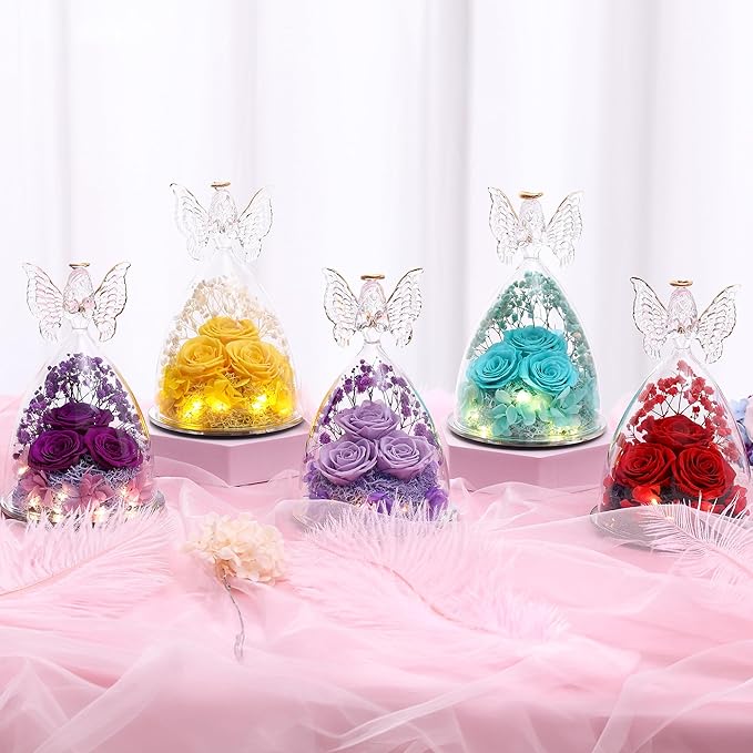 Christmas Rose Gifts for Women Preserved Real Flower in Glass Angel Figurines Roses for Delivery Prime Birthday Gifts for Mom Grandma Girlfriend Wife Her, Yellow