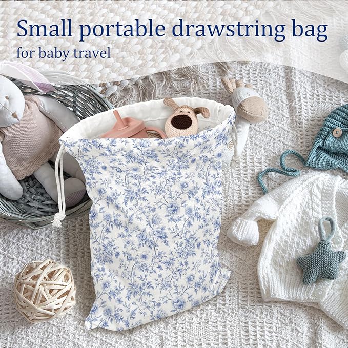 DSHFG Chinoiserie Light Blue Toile Floral Birthday Drawstring Gift Wrap Bags, Chinoiserie Baby Shower Drawstring Gift Bags Canvas, Small Happy Birthday Bag Gifts for Women, 10x13 Inch