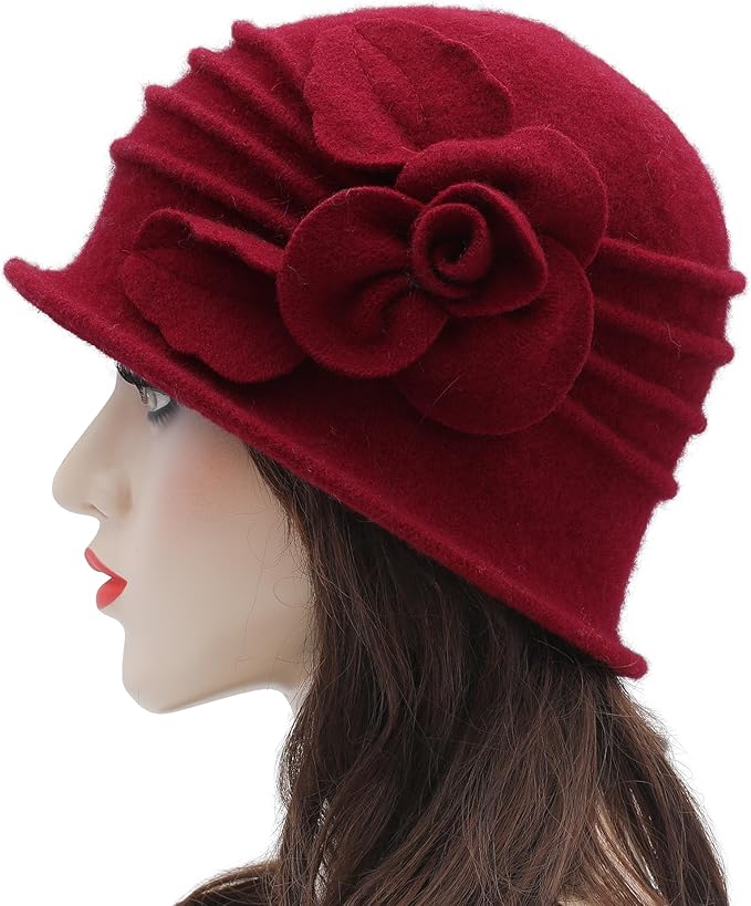 ZLYC Women Wool Cloche Bucket Hat 1920s Vintage Dress Winter Hats with Flower Accent