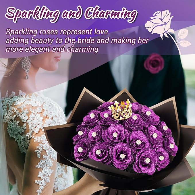 DIY Glitter Roses Bouquet, Valentine's Day Everlasting Shiny Artificial Bouquet, Purple Faux Flowers with Stem Pearl Crown for Graduation Gifts Wedding Anniversary Engagement Day Birthday,25 Pcs