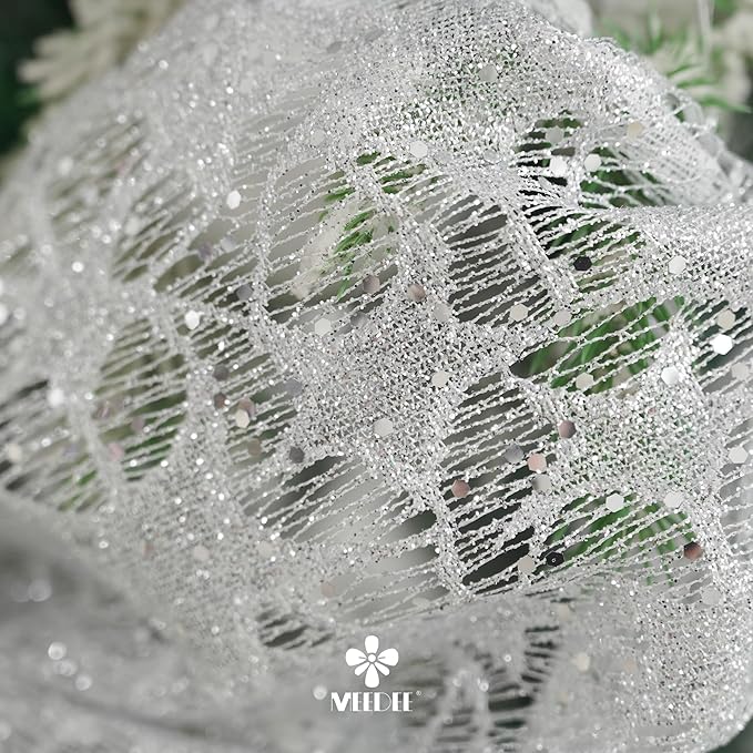 MEEDEE Silver Glitter Mesh Star Web Ribbon 10 Inch Wide by 10 Yards Roll Silver Fabric Ribbon Decorative Mesh Ribbon for Christmas Tree, Garland, Holiday Wreaths, Bows