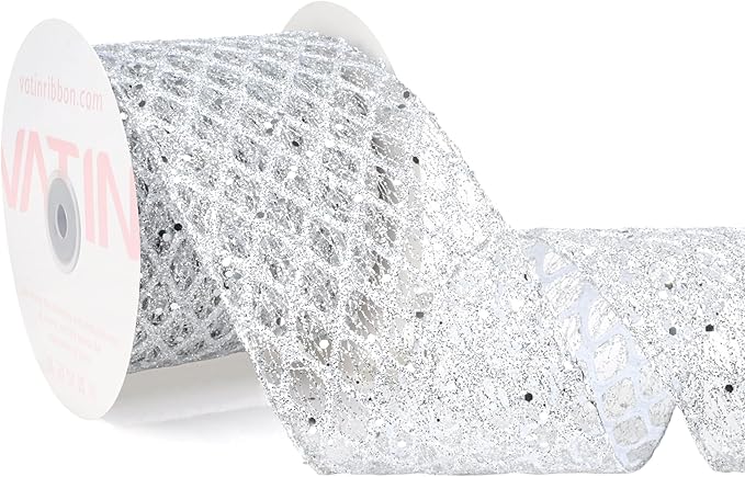VATIN 4" Silver Christmas Ribbon, Silver Glitter Mesh Diamond Web Sequin Dots Wired Christmas Ribbon for Gift Wrapping Bow Making Wreath Supply-10 Yards