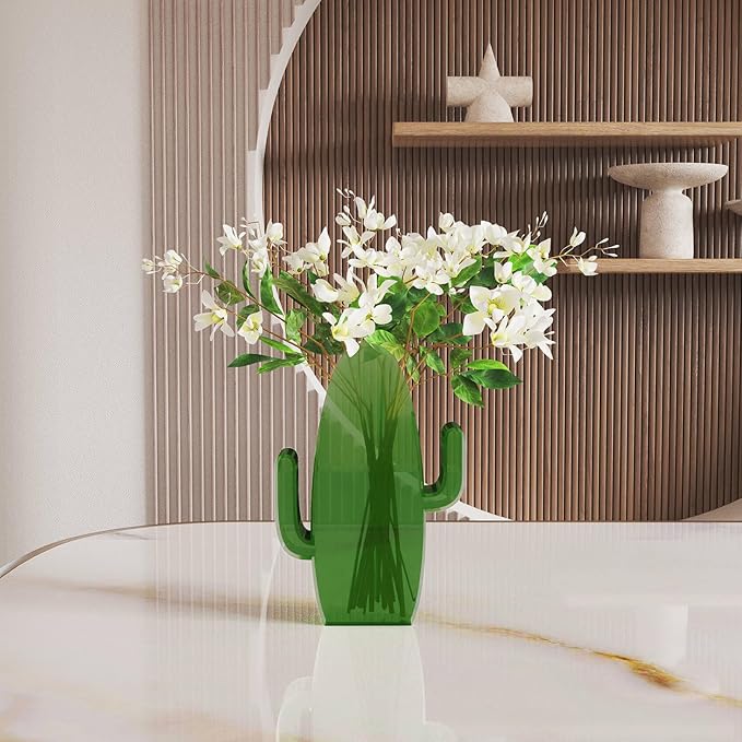Flower Vase Cactus Shape Acrylic Vase Home Decor Gifts, Home Modern Decorative Flower Vase for Living Room, Dining Table, Entryway, Shelf, Wedding, Office (Green)