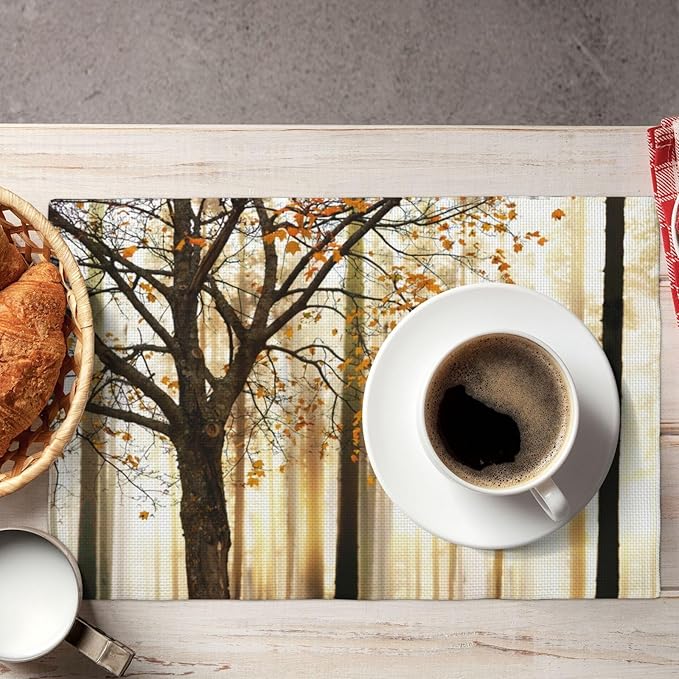 Autumn Forest Placemats Set of 6,Kitchen Table Mats for Dining Outdoor Home Decor Linen 12x18 Inch 6 PCS, Style-9