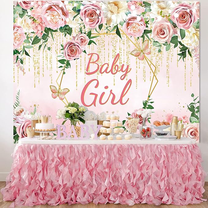 Pink Floral Baby Girls Baby Shower Backdrop Banner Decorations,Blush Rose Flower It's Baby Girl Backdrops Banner Photography Background Princess Baby Shower Party Photo Booth Supplies 5x3ft
