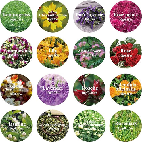 16 Bags Dried Flowers,100% Natural Dried Flowers Herbs Kit for Soap Making, DIY Candle Making,Bath - Include Rose Petals,Lavender,Don't Forget Me,Lilium,Jasmine,Rosebudsand More