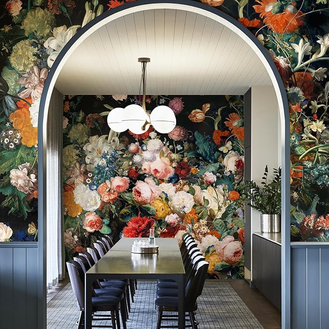 Zeeko Dark Floral Wallpaper Peel and Stick 177" W x 110" H Waterproof Canvas Fabric Vintage Moody Large Wall Mural Self Adhesive Removable Wall Paper for Bedroom Living Room Art Deco