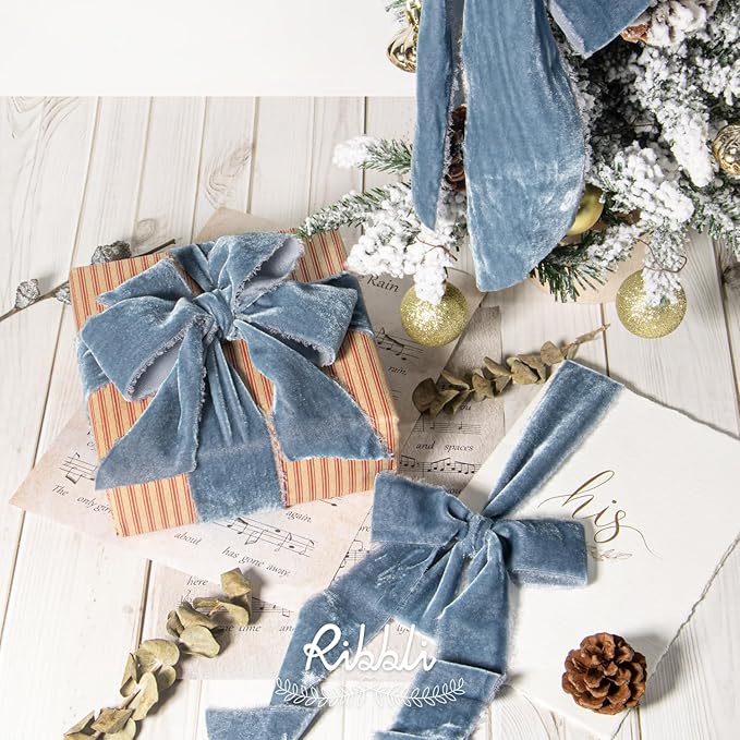 Ribbli Dusty Blue Velvet Ribbon 1.5 Inch Handmade Frayed Vintage Christmas Ribbon for Gift Wrapping Christmas Tree Ornament Wreath Craft Home Decor -3 Yards