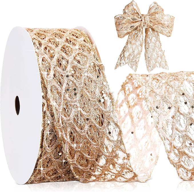 Geosar 20 Yards Champagne Gold Glitter Mesh Wired Ribbon for Christmas Tree Decorations, Gift Wrapping, DIY Craft, Xmas Wreaths, Cabinet Decor (2.5 Inch)