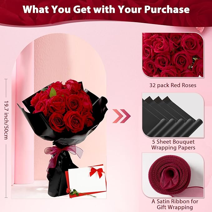 Red Roses Artificial Flowers Bulk, 32Pcs Fake Roses Artificial Velvet Roses with Stems, DIY Silk Flowers Roses Bouquet, Realistic Faux Artificial Roses for Mother's Day Home Table Decor