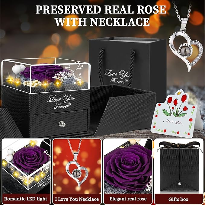 Preserved Purple Real Rose with I Love You Necklace -Eternal Flowers Rose for Mom Grandma Wife Girlfriend Gifts for Her from Husband Christmas Birthday Anniversary