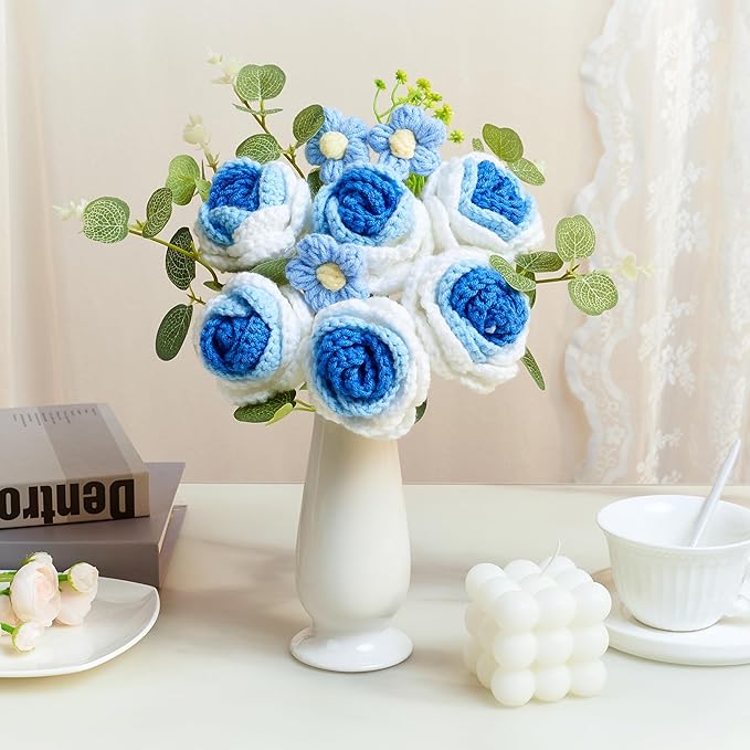 Blue Crochet Flower Bouquet, Blue Knitted Flowers Rose Crochet Bouquet Handmade for Wedding, Anniversary, Christmas, Graduation Crochet Gifts for Women (Includes Card)